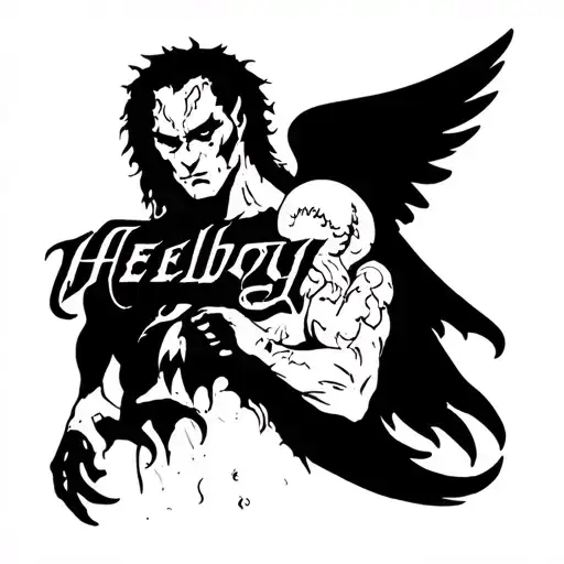 chest tattoo with letters hellboy and angel behind tattoo design idea