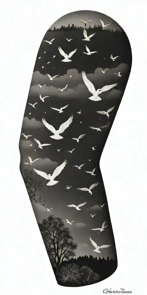 A peaceful scene of Houston Texas with birds flying overhead tattoo design idea