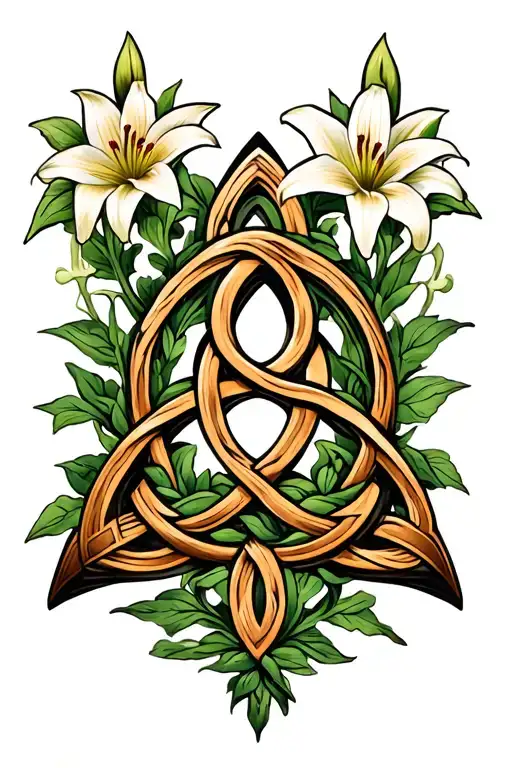 celtic triquetra knot with vines and lilys tattoo design idea