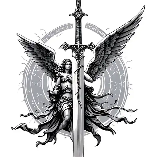 angels, angel-warriors, godly, divine, holy, holy sword, heavenly, heaven, gates of heaven, text fly with the angels,  tattoo design idea