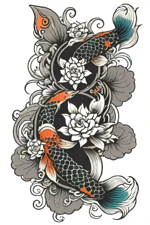 koi fish ying yang flower blooming tattoo design idea