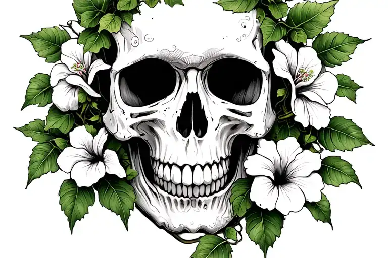 skull with ivy vines wrapped around the skull with hibiscus flowers tattoo design idea