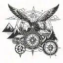Combine elements of finance (dollar signs, graphs) with symbols of adventure (mountains, compass) to represent a journey towards financial success tattoo design idea
