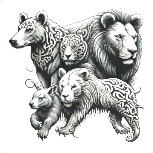 bear, elephant, duck, lion and bunny totem style tattoo incorporating tattoo design idea