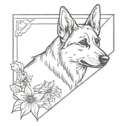 dainty fine line frame with bow and a german shepherd inside tattoo design idea