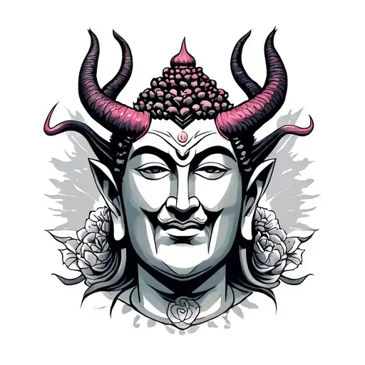 buda half meditating devil face tattoo design idea