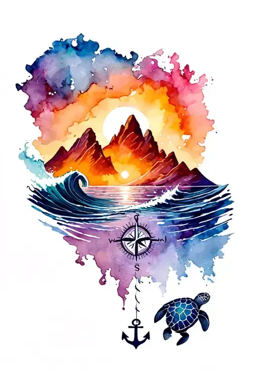Mountains with wave, sea turtle, compass and anchor tattoo design idea