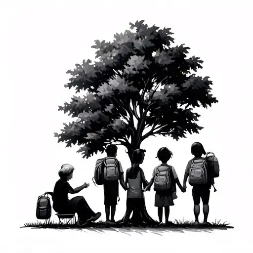 My mother holding her 4 children. All are carrying backpacks. The bus is waiting. My grandmother sits under a tree.  tattoo design idea