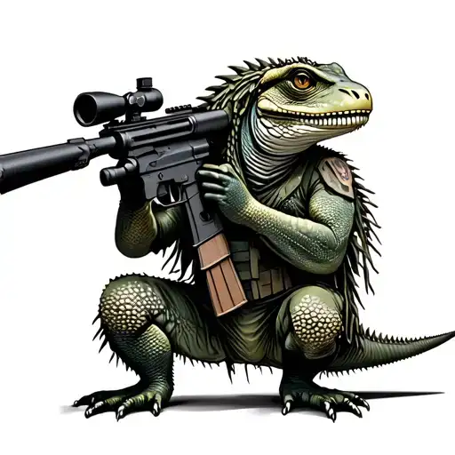 iguana in a ghillie suit holding a sniper rifle tattoo design idea