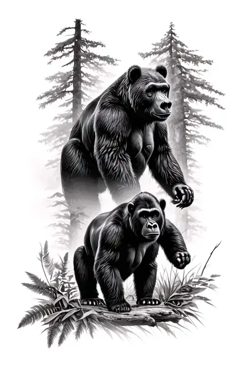 Brown bear, black panther and gorilla in the forest in the background in black and white tattoo design idea