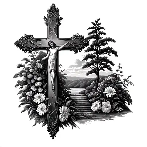 Christian cross with garden scene tattoo design idea