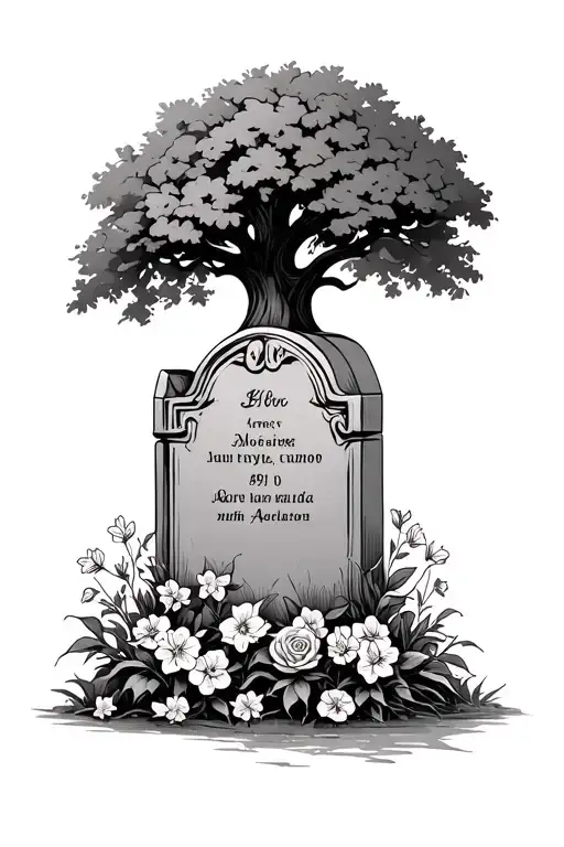 Doc Holliday gravestone under a tree with a rose and narcissus flowers tattoo design idea