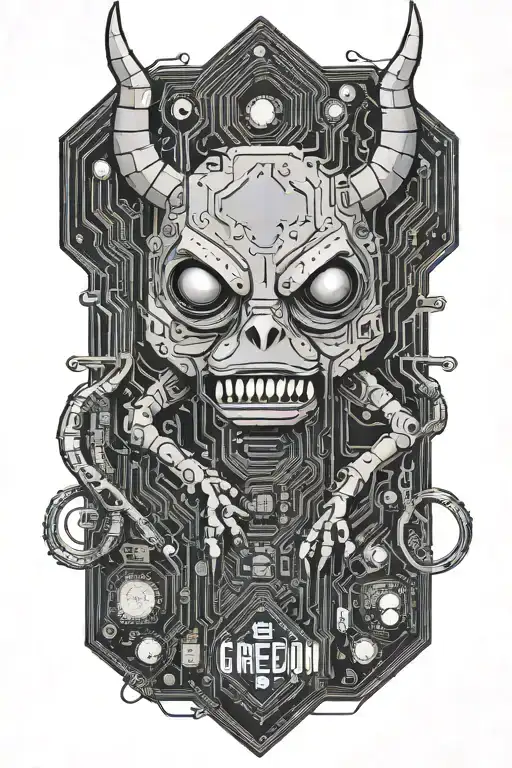 circuit board shaped like gremlin using a computer include DEFCON logo and the words "black badge" tattoo design idea