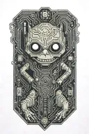 circuit board shaped like gremlin using a computer include DEFCON logo and the words "black badge" tattoo design idea