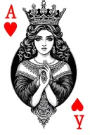 Queen of hearts card, black and gray, crown tattoo design idea