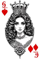 Queen of hearts card, black and gray, crown tattoo design idea