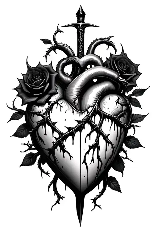 dagger piercing realistic bleeding human heart ensnared by black roses with thorns. Black mamba around heart and dagger tattoo design idea