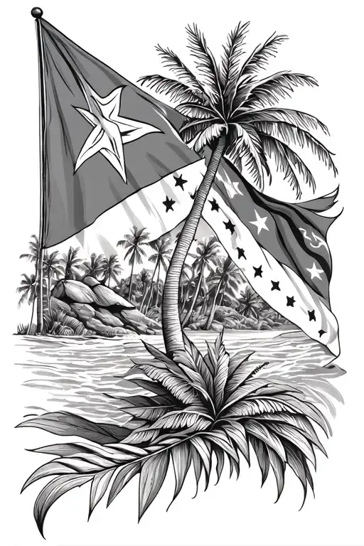 drawn puerto rican flag with palm trees and taino symbols tattoo design idea