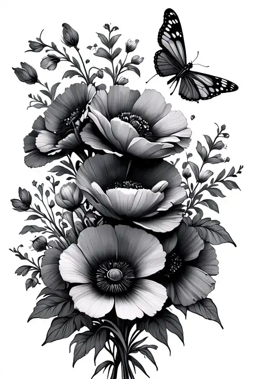 gladious bouquet with poppies blooming butterflies and a dragonfly tattoo design idea