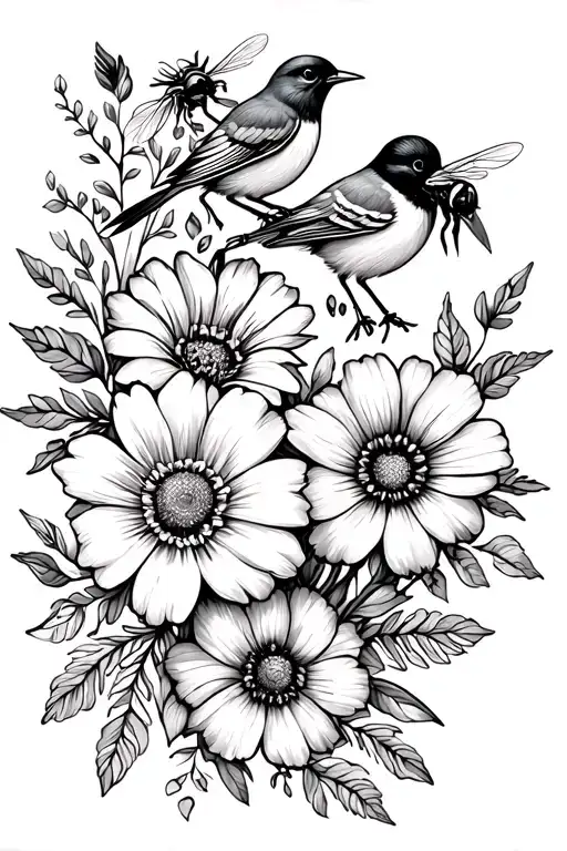 create a fine line floral tattoo with the birth month flowers of january, may and june. incorporate birds and bees.&nbsp; tattoo design idea