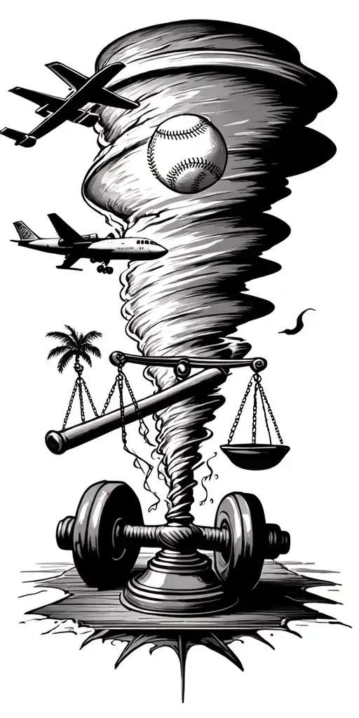 tornado sucking up scales of justice, baseball bat, baseball, airplane, passport, dumbbell, and palm tree. tattoo design idea