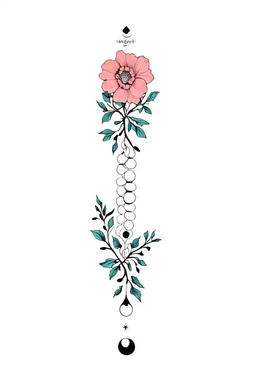 flowers and vines witchey vibe for the underbust and the moon phases down the sternum girly vibes tattoo design idea