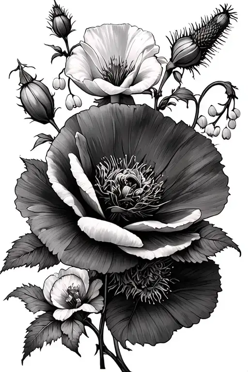 poppy, hyssop, lily of the valley, rose of sharon, rock rose, thistle intertwined with eachother tattoo design idea