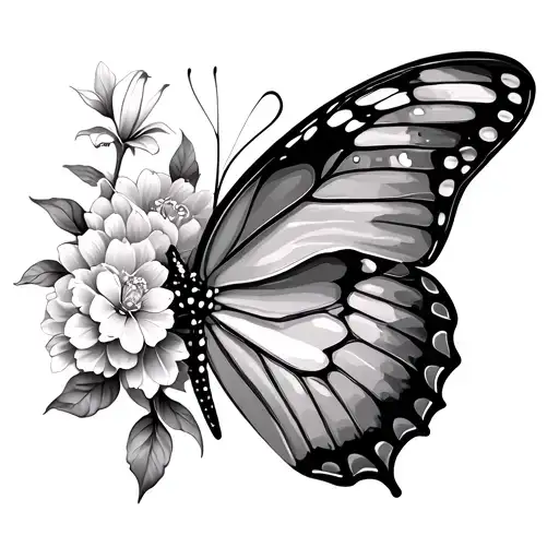  Butterfly tattoo with half of its wing being covered in peonies, spider lilies, forget me not, dahlias,magnolia flowers tattoo design idea