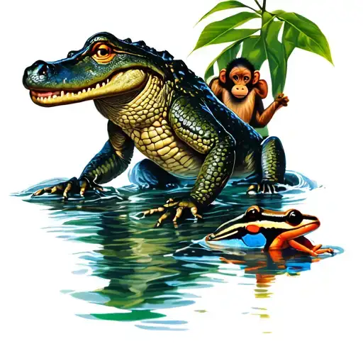 realistic jungle river scene with crocodile monkey and poison dart frog tattoo design idea