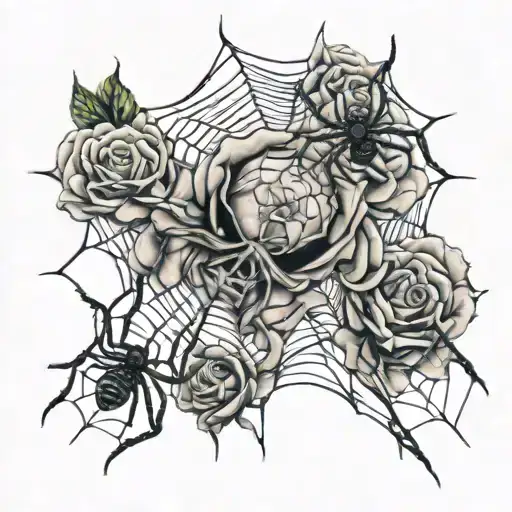 roses spider webs and spider crawling tattoo design idea