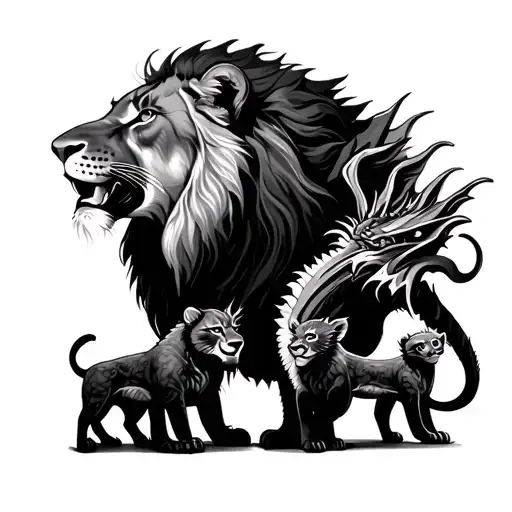 lioness with 2 female cub and a Welsh dragon tattoo design idea