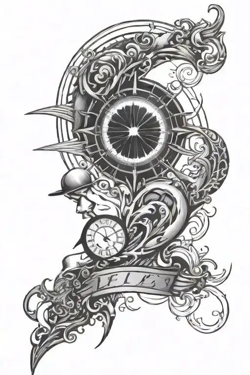 solar eclipse, lightning, time, E, N, M tattoo design idea