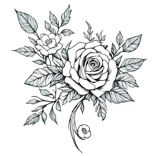 floral tattoo with roses, leaves, and random flowers that goes on the side of boob that has an obvious semicolon tattoo design idea