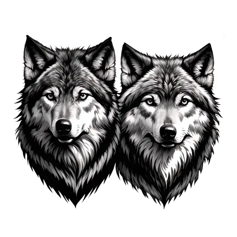 Realistic tattoo design of two wolves, one on each side of the chest, separated by clear space in the center. Each wolf  tattoo design idea