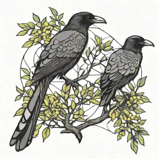 wattle tree with two birds perching, a raven and a pied currawong tattoo design idea