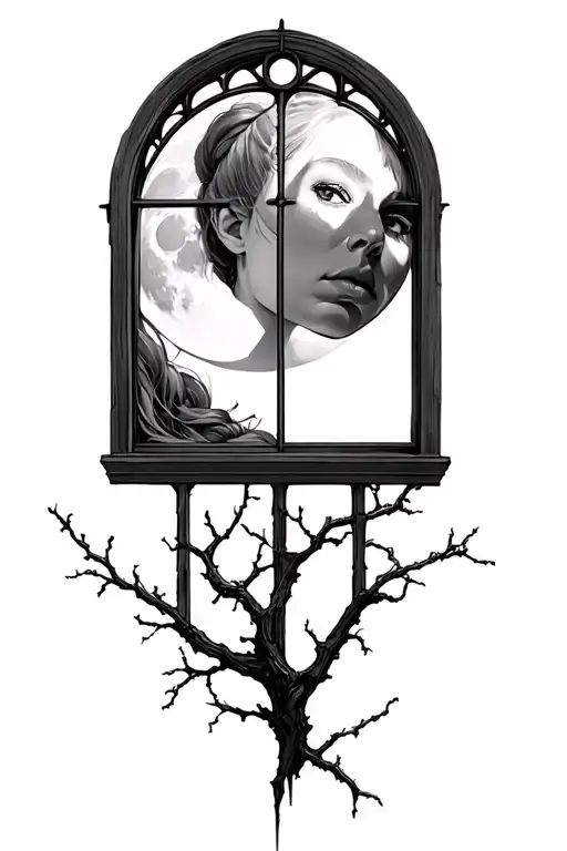 Gothic Window with bright white moon and bare tree branchs, a womens face with white eyes and a messy bun  tattoo design idea