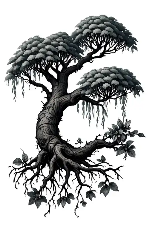 weeping Willow tree with roots growing into flowers  tattoo design idea
