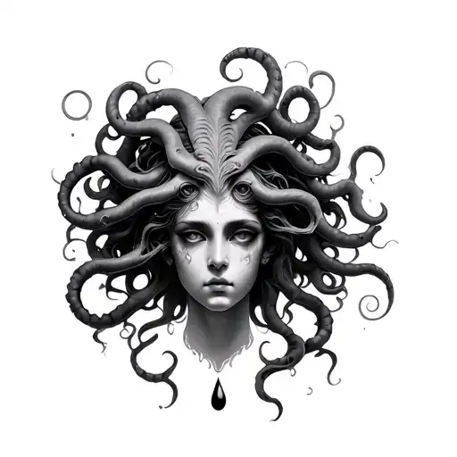 A photorealistic Medusa tattoo with a subtle sideways gaze, fine light effects, a soft teardrop, minimal atmospheric sym tattoo design idea