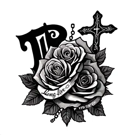 roses wrapping around with rosary cross and words that say long live tjr tattoo design idea