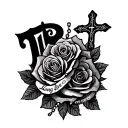 roses wrapping around with rosary cross and words that say long live tjr tattoo design idea