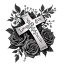 roses wrapping around with rosary cross and words that say long live tjr tattoo design idea
