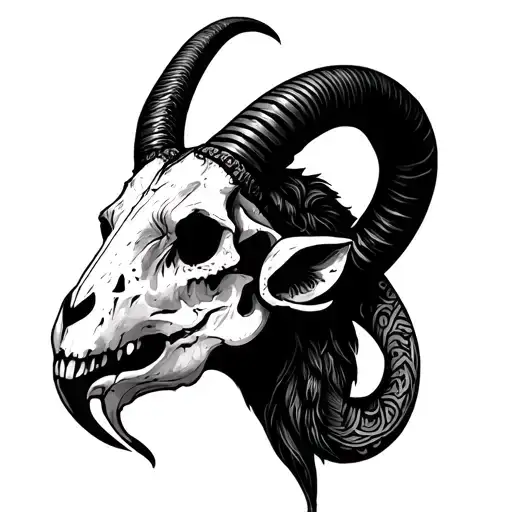 half capricorn goat skull for my son, Ashton, black and white, fine line, some tribal pattern in the horn. the skull to  tattoo design idea