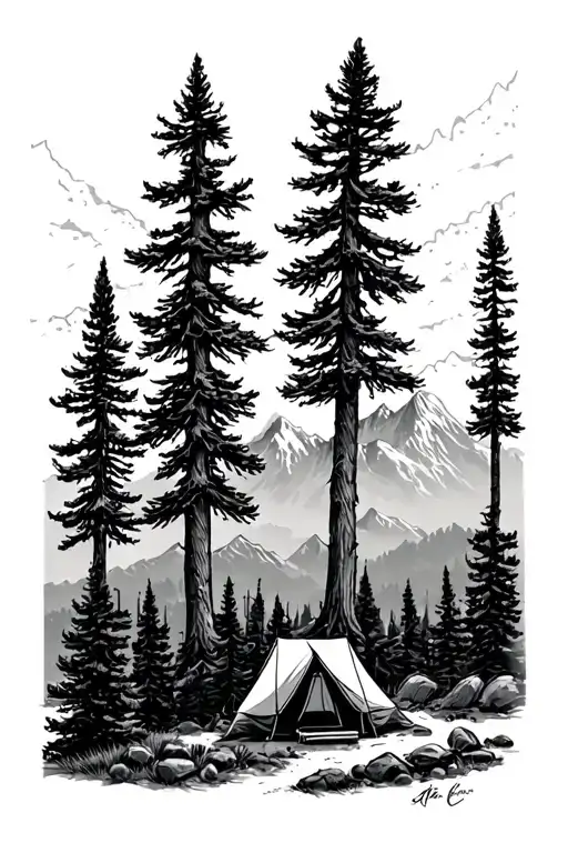 outdoors Sierra Nevada mountains trees camping scene immersed tattoo design idea