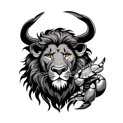 lion with crab and bull tattoo design idea