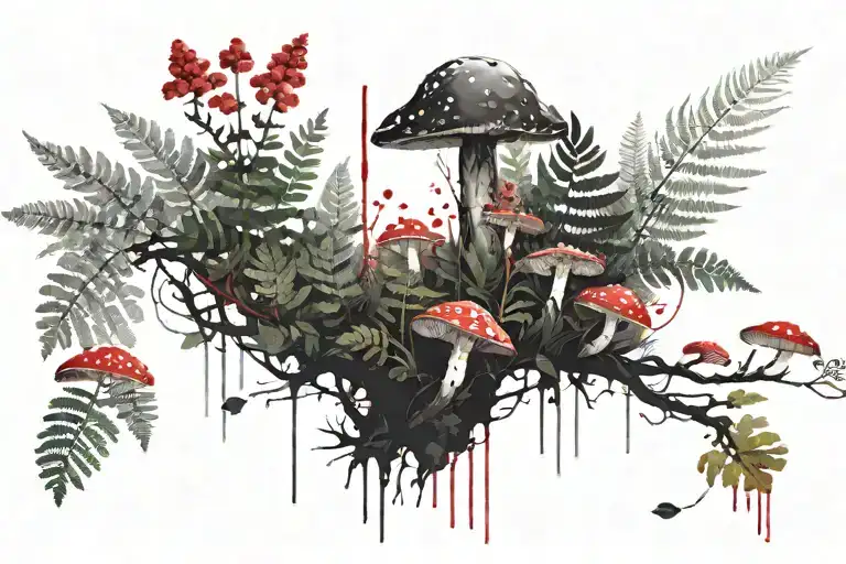 Forest fern one brunch mushroom fog fox tattoo design idea