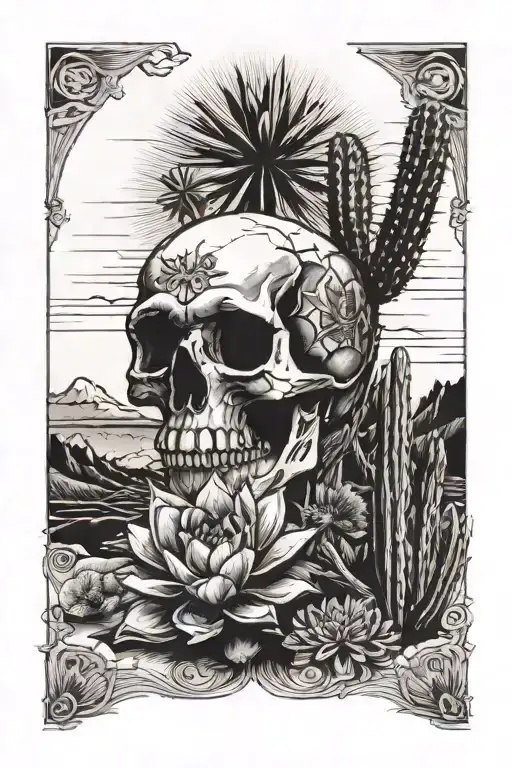 Arizona desert theme, cactus, palm trees, sun, mountains, skull, scorpion, "Good Vibes Only" tattoo design idea