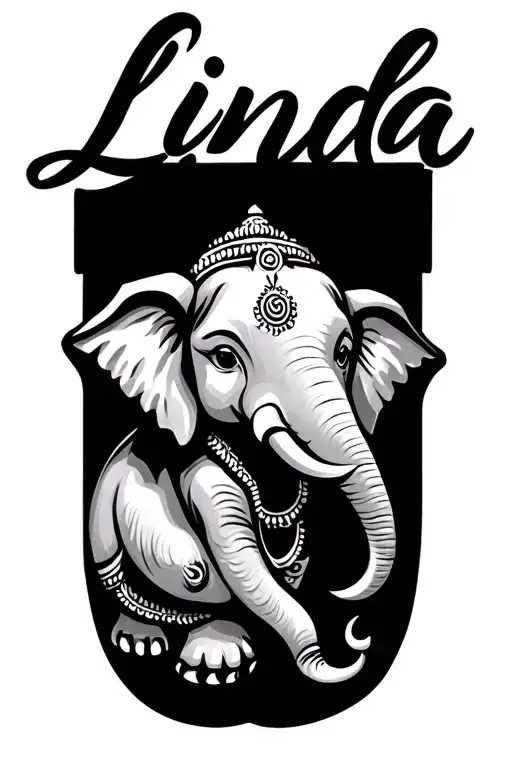 The name Linda written in cursive with ganesh the elephant tattoo design idea