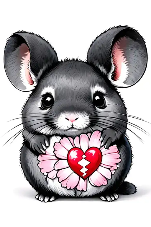 Sad Plush chinchilla tattoo with patches, stitching, lightly puckered, with broken heart and flower in paw tattoo design idea