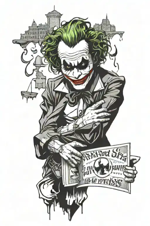 Heath ledger joker holding a card with Gotham city skyline underneath with "why so serious" sentence  tattoo design idea