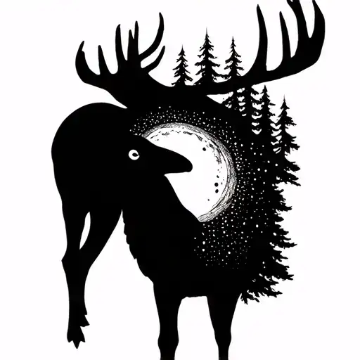 Pleiades, hunter's moon, Deer Appalachian Mountains, River, evergreen forest, raven tattoo design idea
